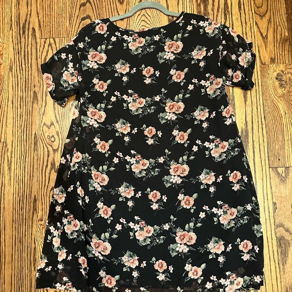 Pink Blush Short Black Chiffon V Neck Dress with Pink and Green Floral Motif - Picture 6 of 9